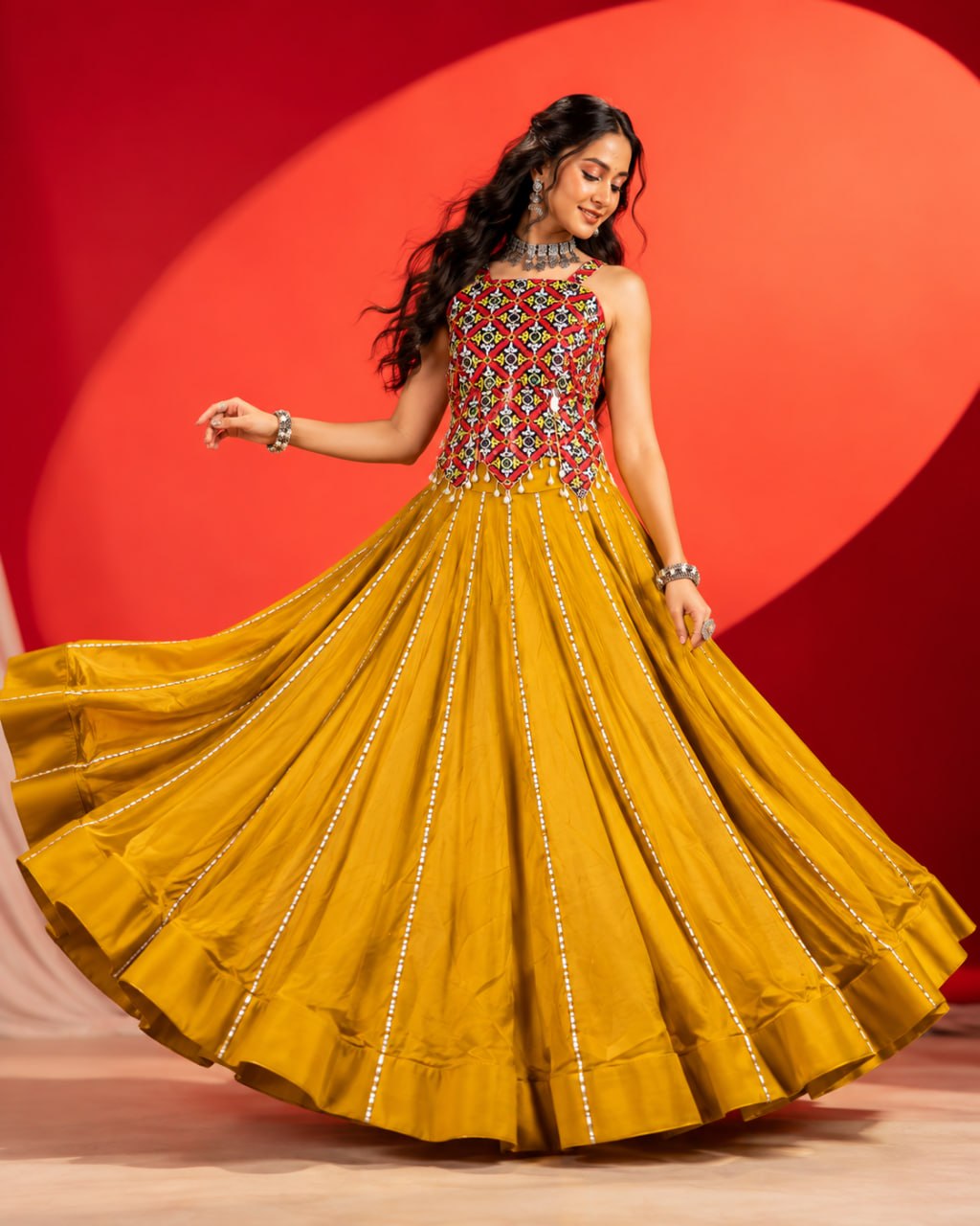 Kesariya Navratri 2026 Pure Rayon Cotton Lehenga Choli with Gamthi Work, Gota Patti & 6 Meter Flair