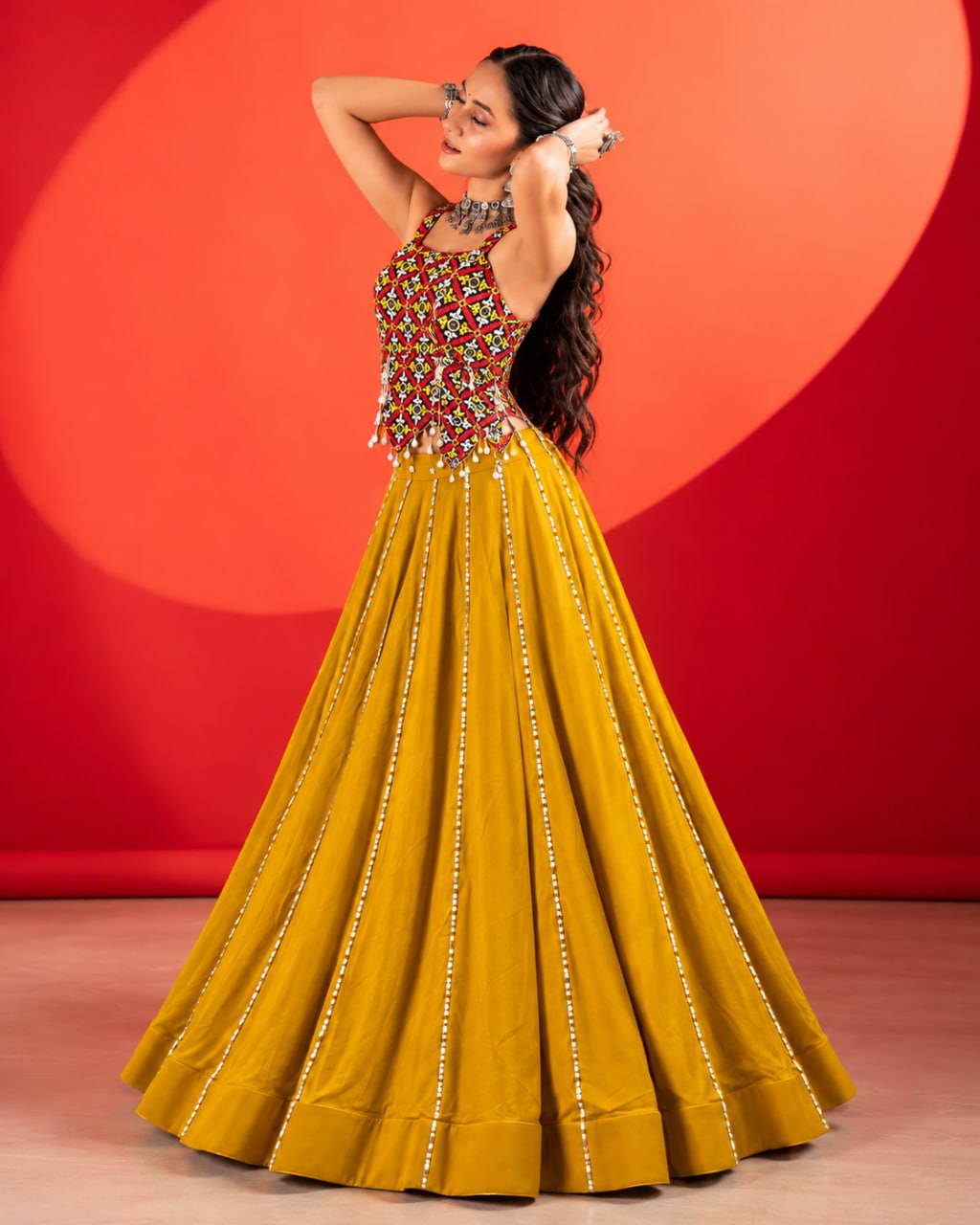 Kesariya Navratri 2026 Pure Rayon Cotton Lehenga Choli with Gamthi Work, Gota Patti & 6 Meter Flair
