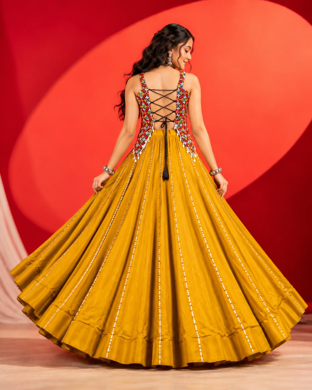 Kesariya Navratri 2026 Pure Rayon Cotton Lehenga Choli with Gamthi Work, Gota Patti & 6 Meter Flair