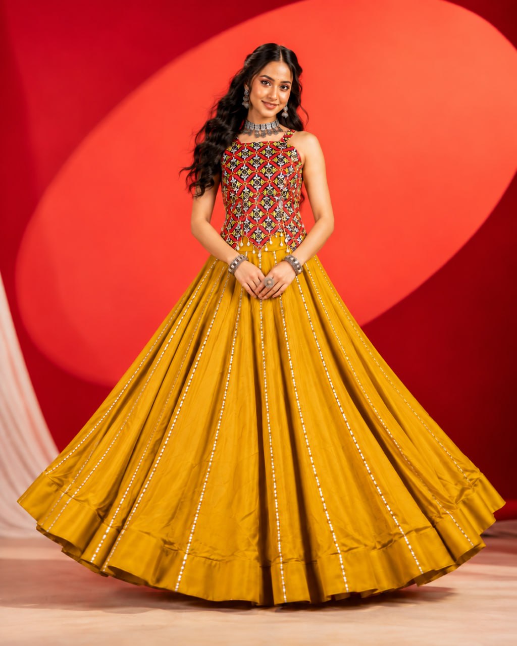 Kesariya Navratri 2026 Pure Rayon Cotton Lehenga Choli with Gamthi Work, Gota Patti & 6 Meter Flair