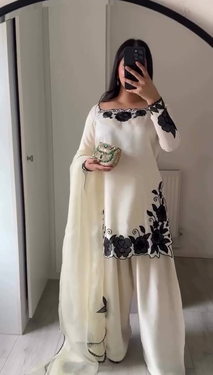 Premium Fendy Silk Embroidered Farshi Pant Suit with Lace Dupatta