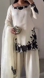 Premium Fendy Silk Embroidered Farshi Pant Suit with Lace Dupatta
