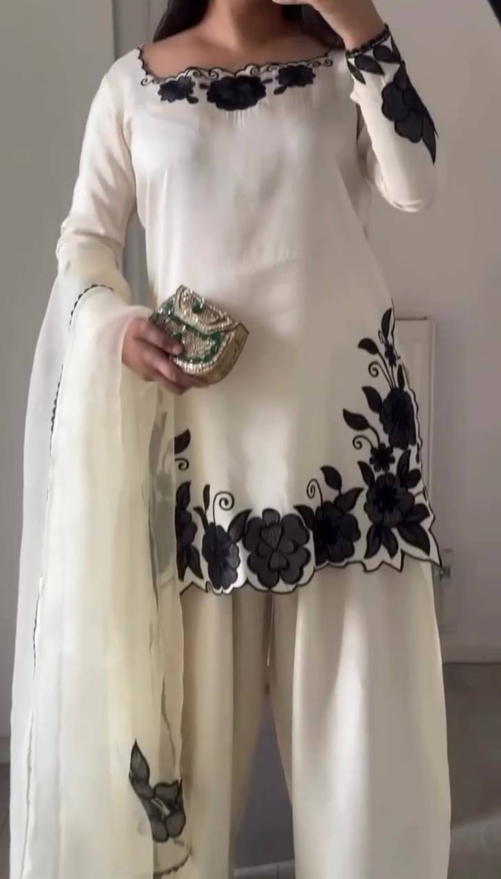Premium Fendy Silk Embroidered Farshi Pant Suit with Lace Dupatta