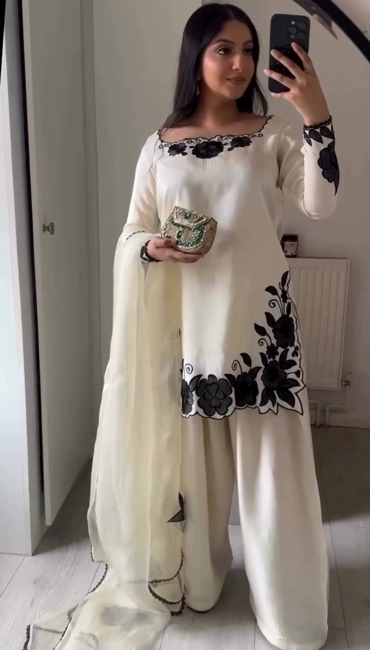 Premium Fendy Silk Embroidered Farshi Pant Suit with Lace Dupatta