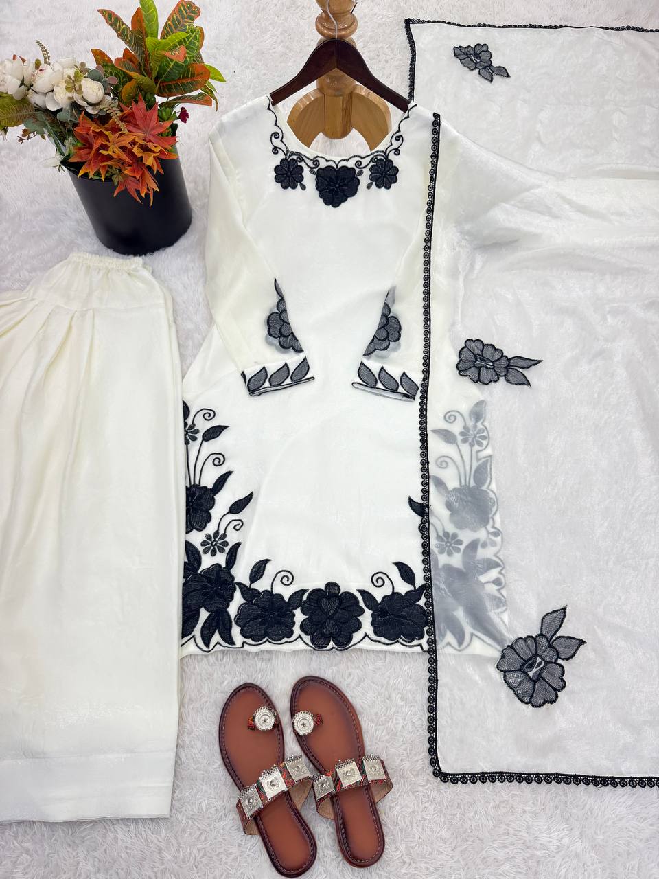 Premium Fendy Silk Embroidered Farshi Pant Suit with Lace Dupatta