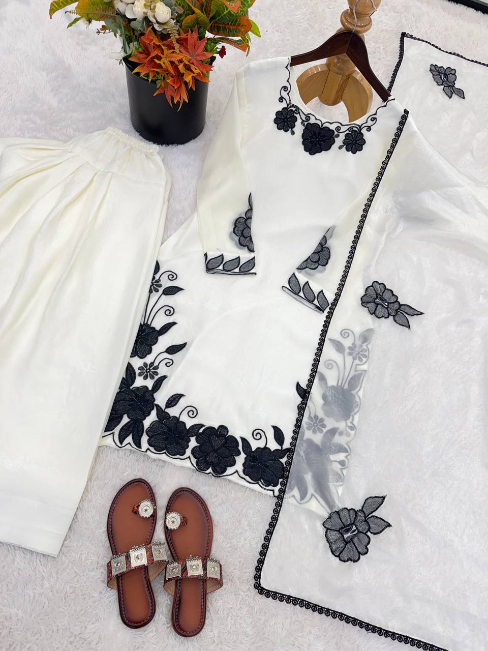 Premium Fendy Silk Embroidered Farshi Pant Suit with Lace Dupatta