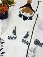 Premium Fendy Silk Embroidered Farshi Pant Suit with Lace Dupatta