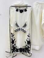 Premium Fendy Silk Embroidered Farshi Pant Suit with Lace Dupatta