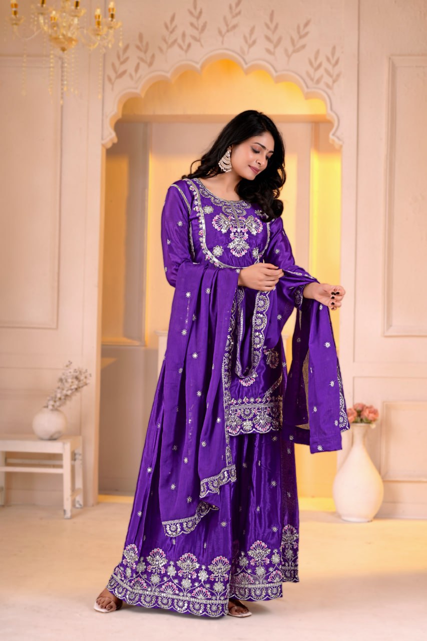 Zehra Chinon Embroidered Sharara Suit with Sequence & Multi Work