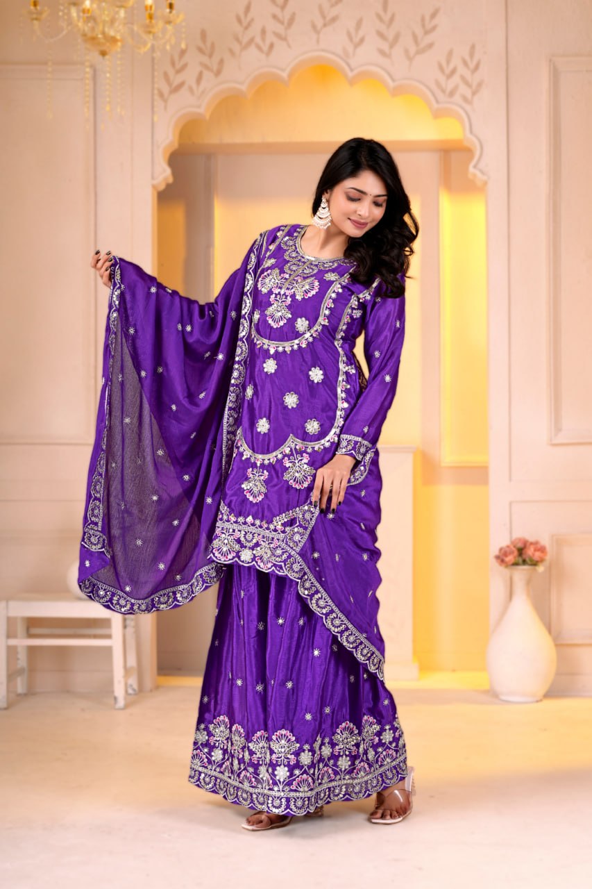 Zehra Chinon Embroidered Sharara Suit with Sequence & Multi Work