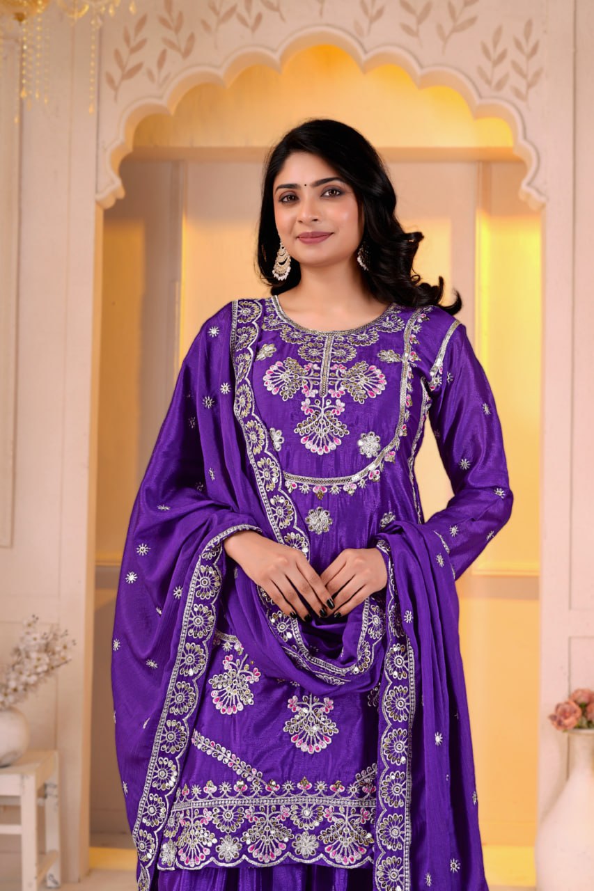 Zehra Chinon Embroidered Sharara Suit with Sequence & Multi Work