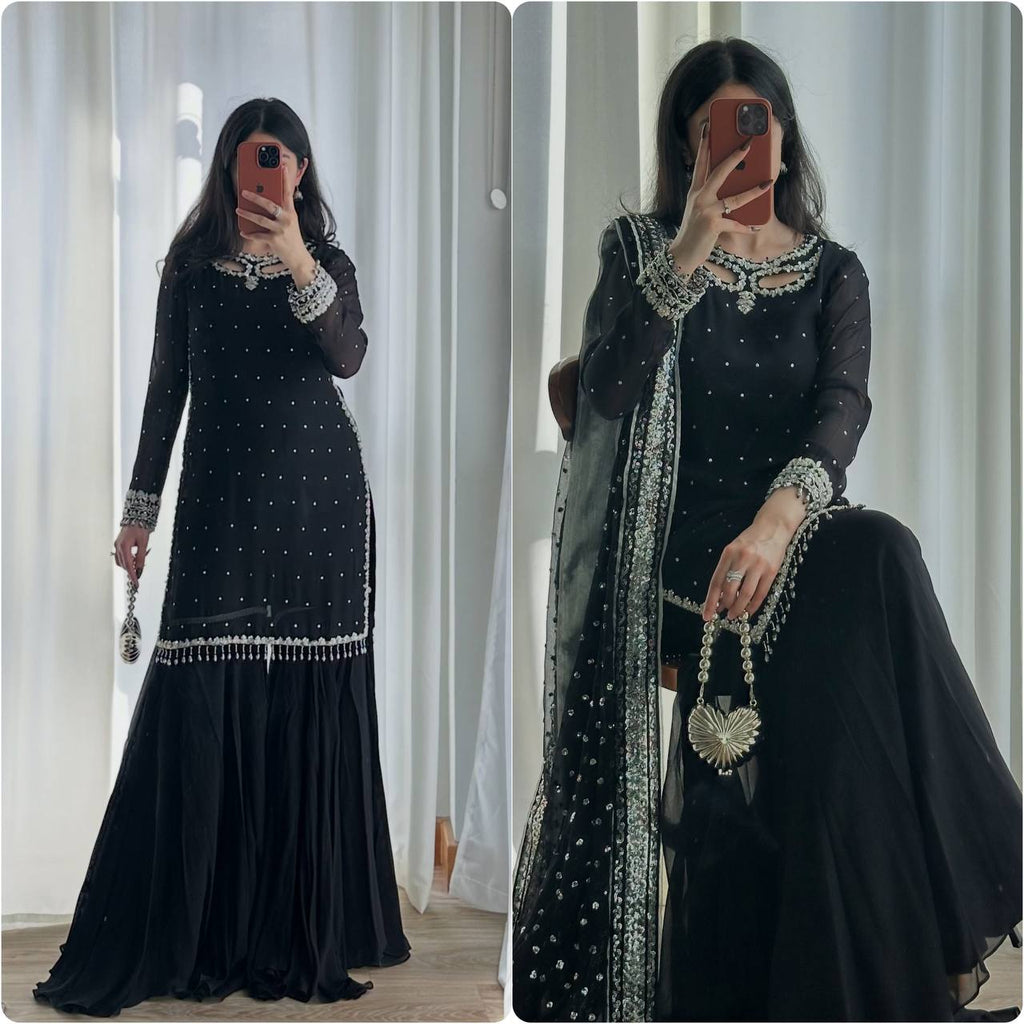 Mehar Heavy Faux Georgette Embroidered Sequence Kurti with Palazzo & Soft Net Dupatta Set