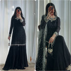 Mehar Heavy Faux Georgette Embroidered Sequence Kurti with Palazzo & Soft Net Dupatta Set
