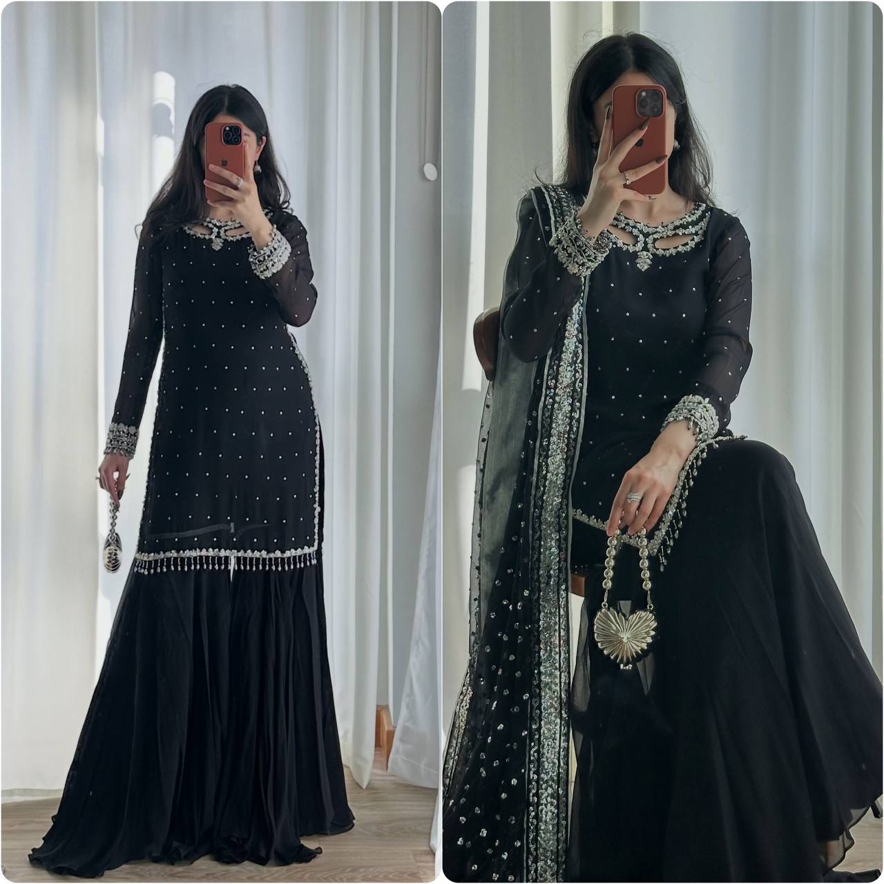 Mehar Heavy Faux Georgette Embroidered Sequence Kurti with Palazzo & Soft Net Dupatta Set
