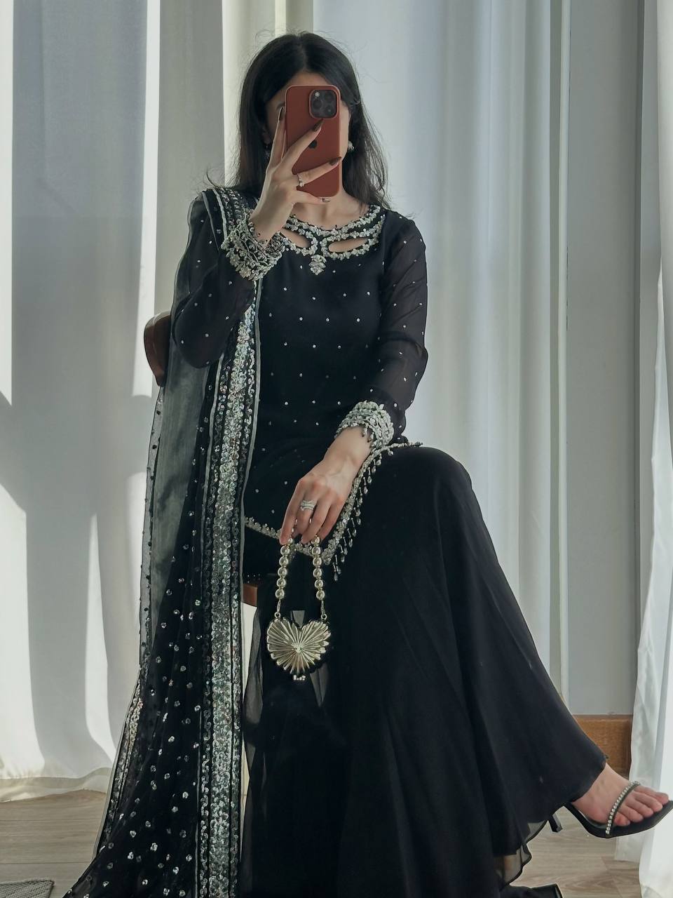 Mehar Heavy Faux Georgette Embroidered Sequence Kurti with Palazzo & Soft Net Dupatta Set