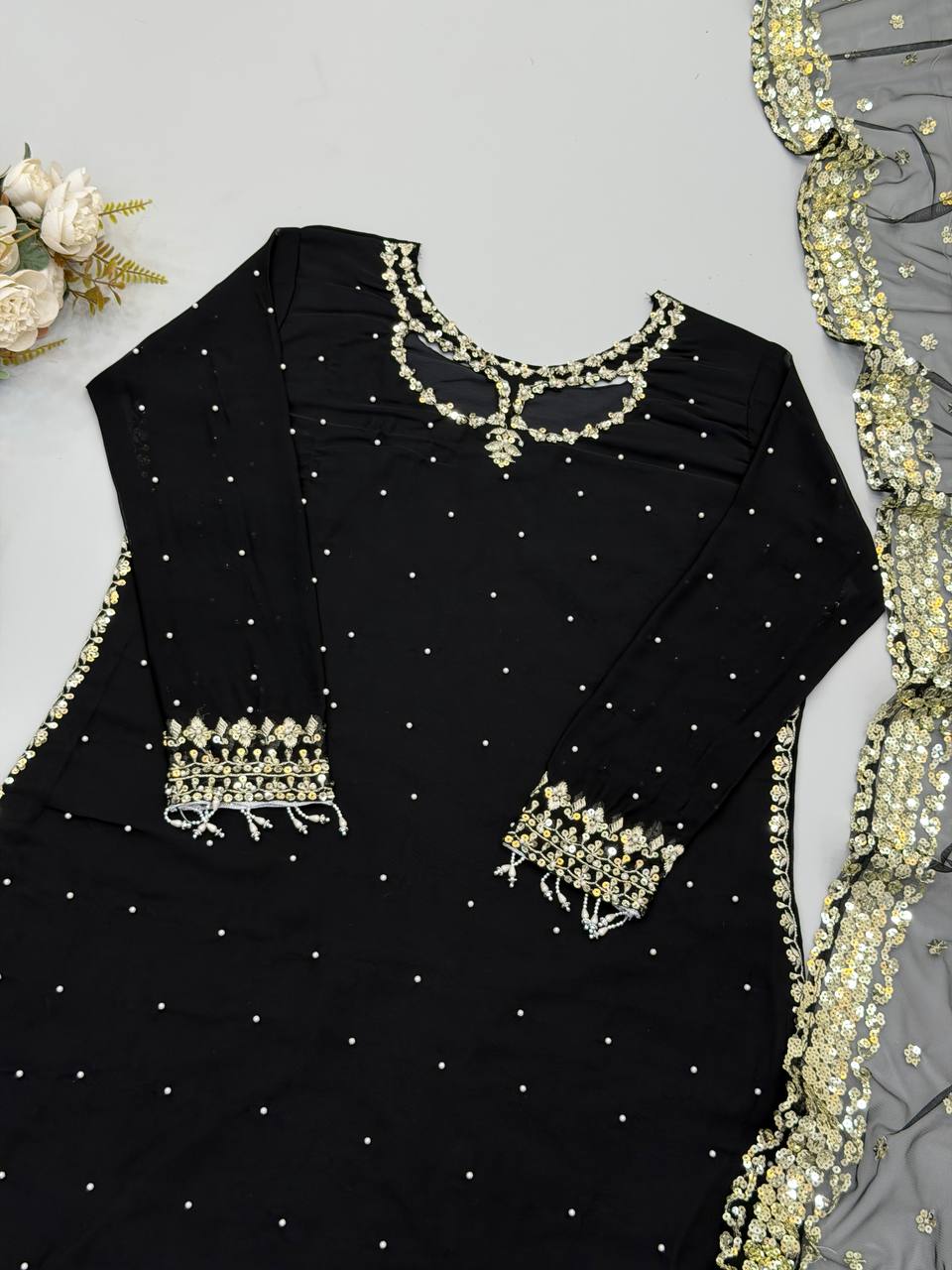 Mehar Heavy Faux Georgette Embroidered Sequence Kurti with Palazzo & Soft Net Dupatta Set