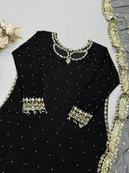 Mehar Heavy Faux Georgette Embroidered Sequence Kurti with Palazzo & Soft Net Dupatta Set