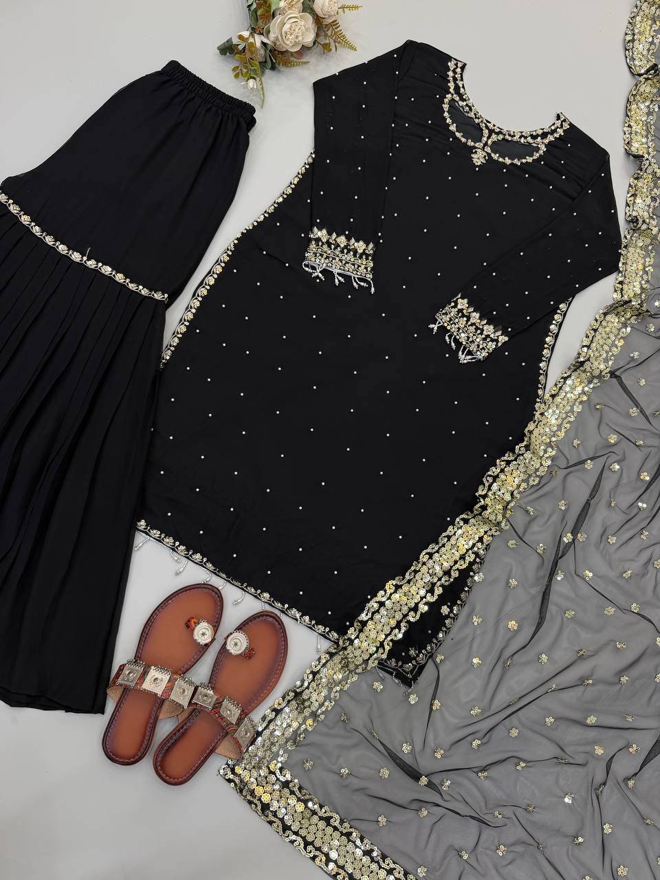 Mehar Heavy Faux Georgette Embroidered Sequence Kurti with Palazzo & Soft Net Dupatta Set