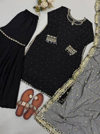 Mehar Heavy Faux Georgette Embroidered Sequence Kurti with Palazzo & Soft Net Dupatta Set