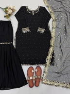 Mehar Heavy Faux Georgette Embroidered Sequence Kurti with Palazzo & Soft Net Dupatta Set