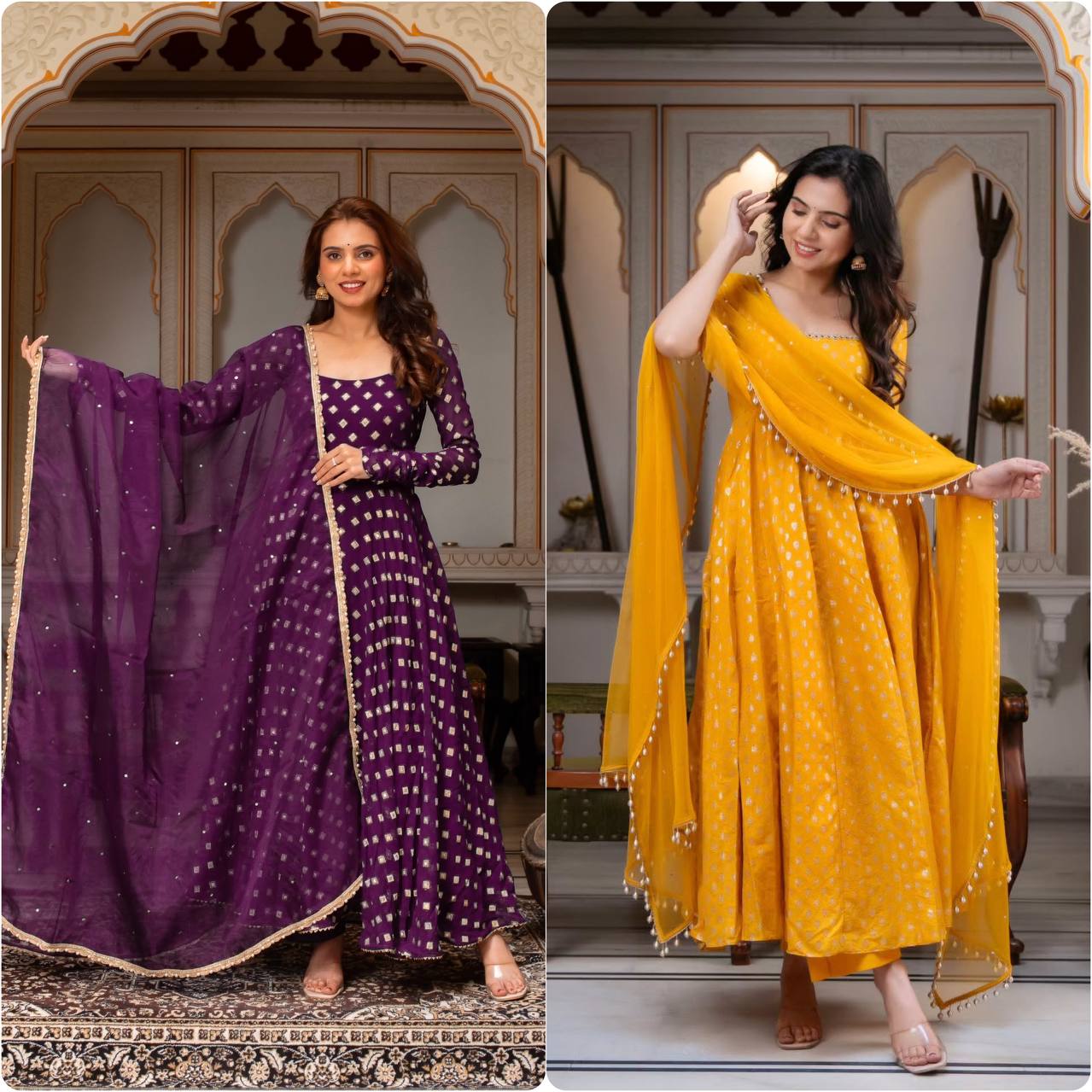 Vaishnavi Chanderi Jacquard Butti Mirror Work Anarkali with Pant & Faux Georgette Dupatta Set