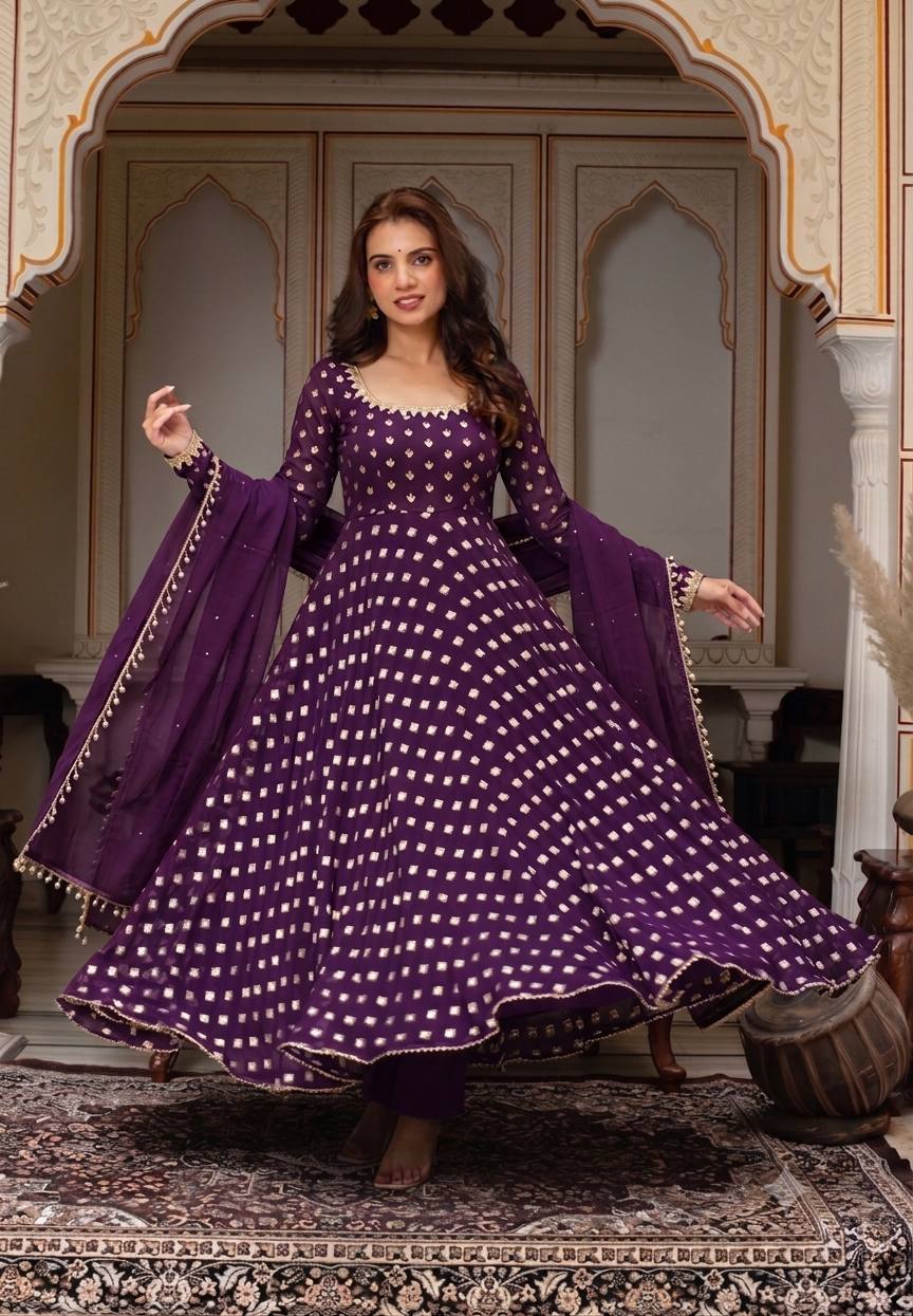 Vaishnavi Chanderi Jacquard Butti Mirror Work Anarkali with Pant & Faux Georgette Dupatta Set
