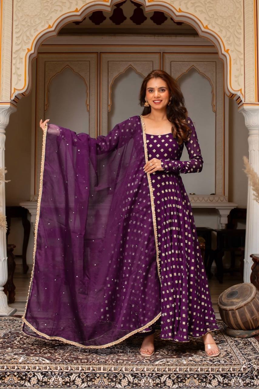 Vaishnavi Chanderi Jacquard Butti Mirror Work Anarkali with Pant & Faux Georgette Dupatta Set