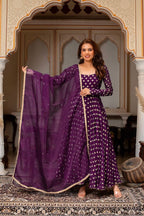 Vaishnavi Chanderi Jacquard Butti Mirror Work Anarkali with Pant & Faux Georgette Dupatta Set
