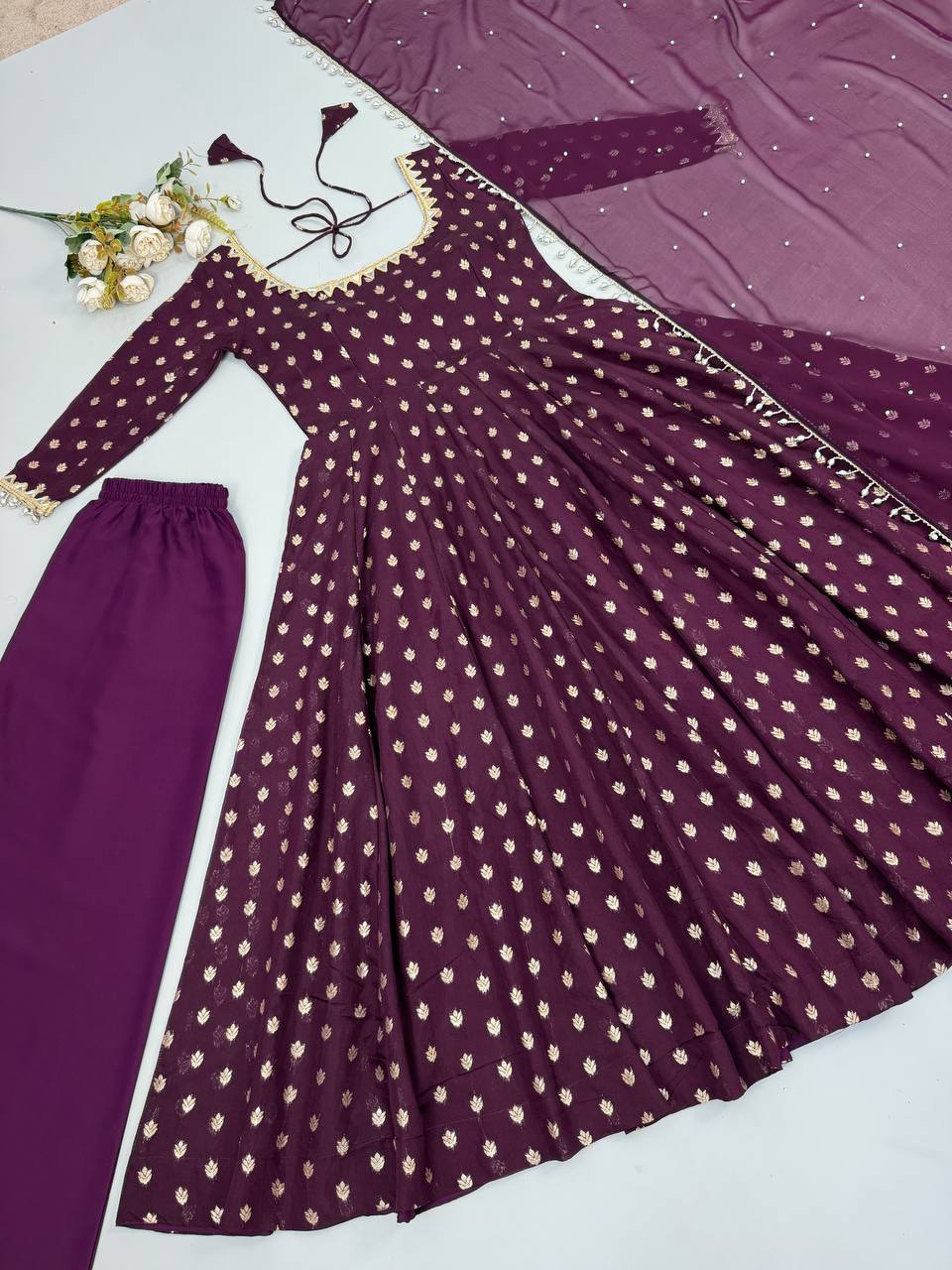 Vaishnavi Chanderi Jacquard Butti Mirror Work Anarkali with Pant & Faux Georgette Dupatta Set