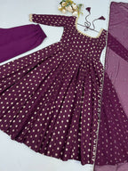 Vaishnavi Chanderi Jacquard Butti Mirror Work Anarkali with Pant & Faux Georgette Dupatta Set