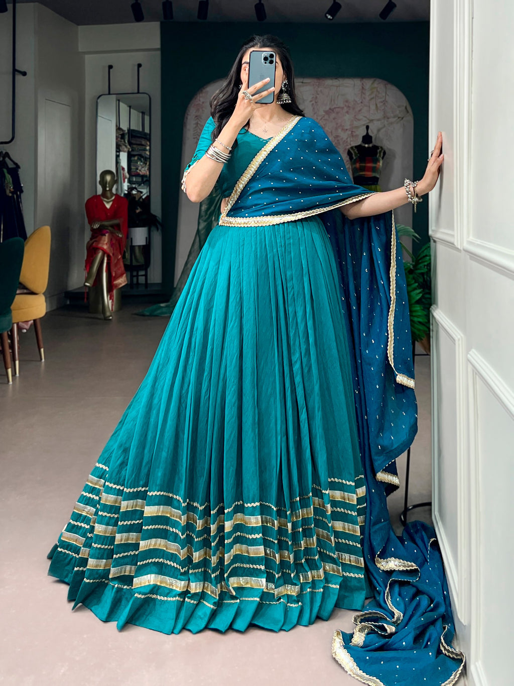 Chandrika Chanderi Mirror & Pearl Navratri Lehenga with Blouse & Dupatta Set
