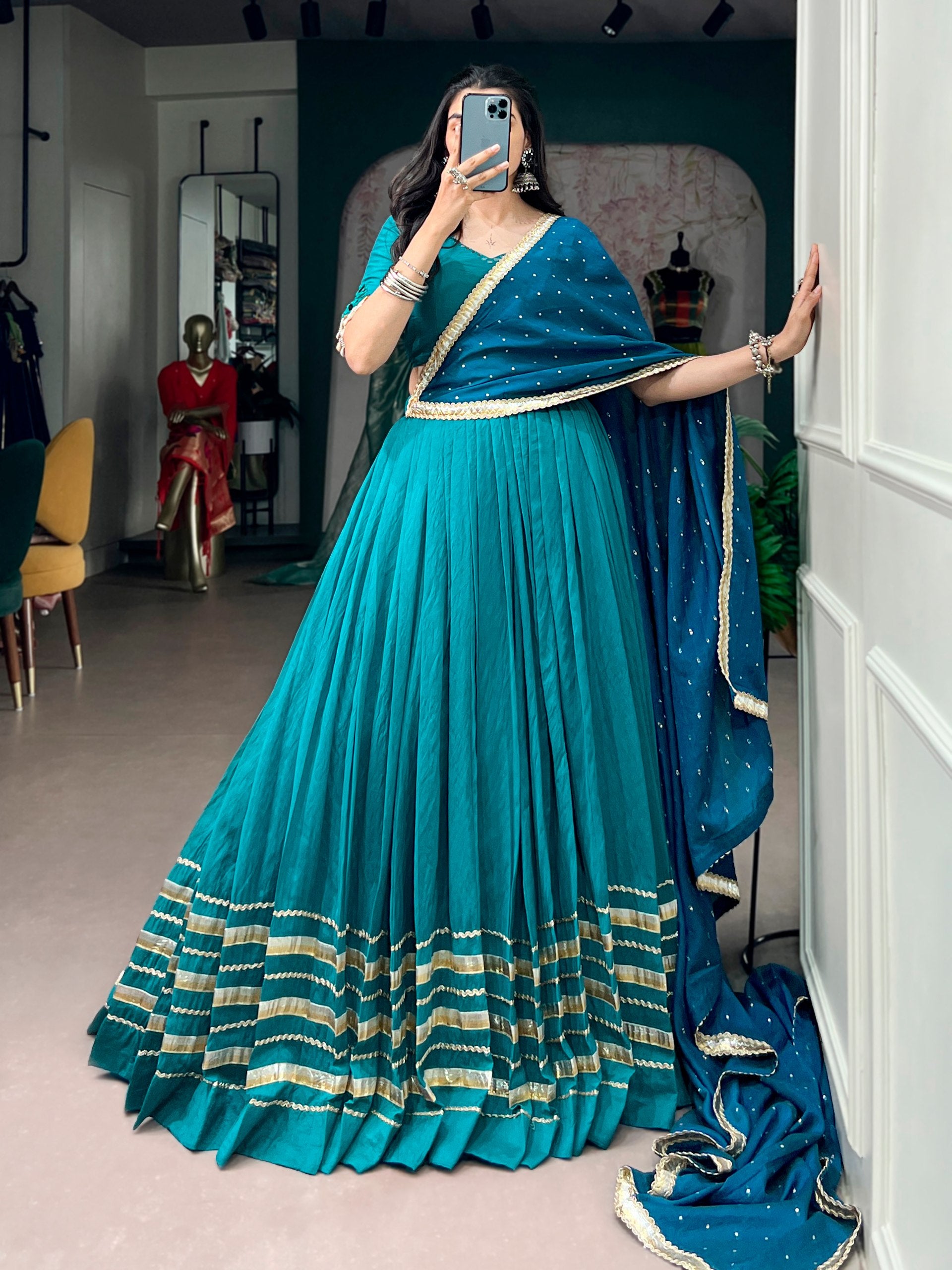 Chandrika Chanderi Mirror & Pearl Navratri Lehenga with Blouse & Dupatta Set