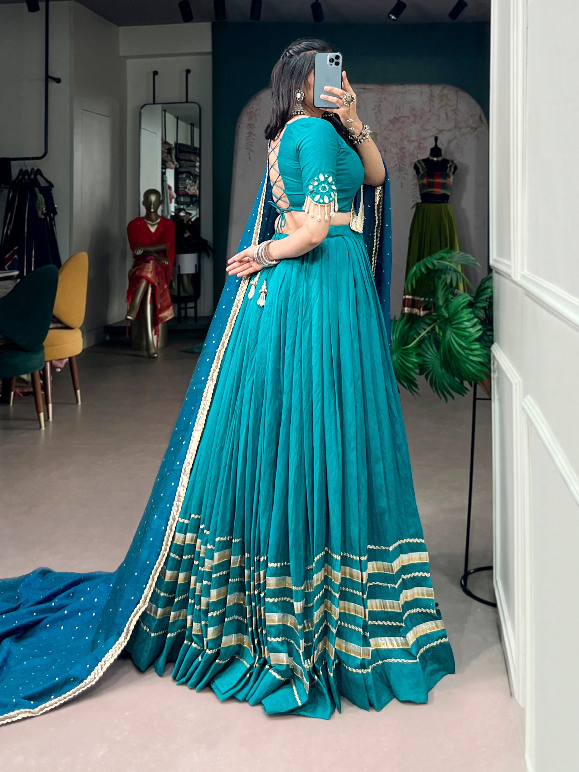 Chandrika Chanderi Mirror & Pearl Navratri Lehenga with Blouse & Dupatta Set