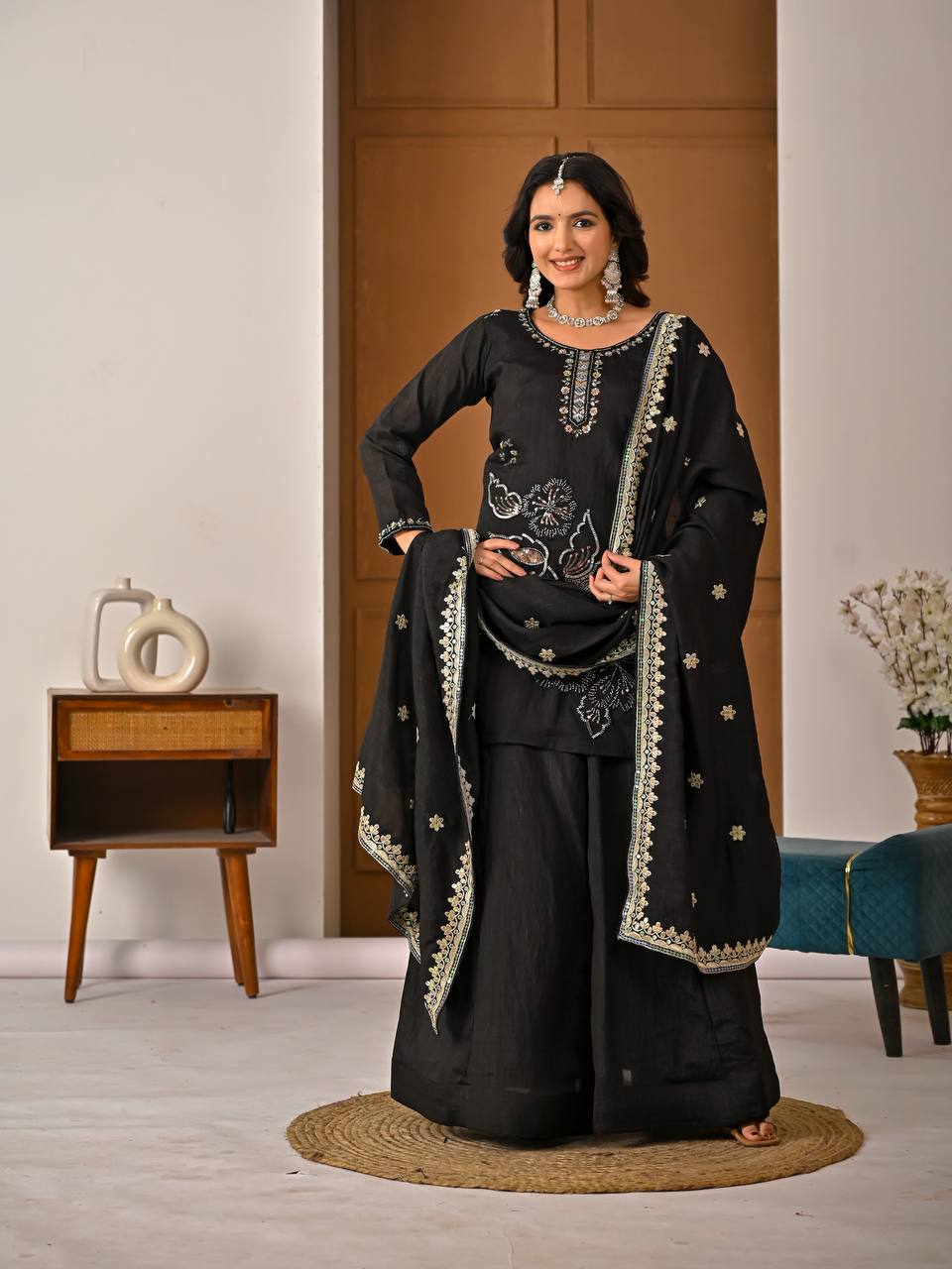 "Vaanya Meher Heavy Vichitra Silk Handwork Sharara Suit Set with Sequins Embroidered Dupatta