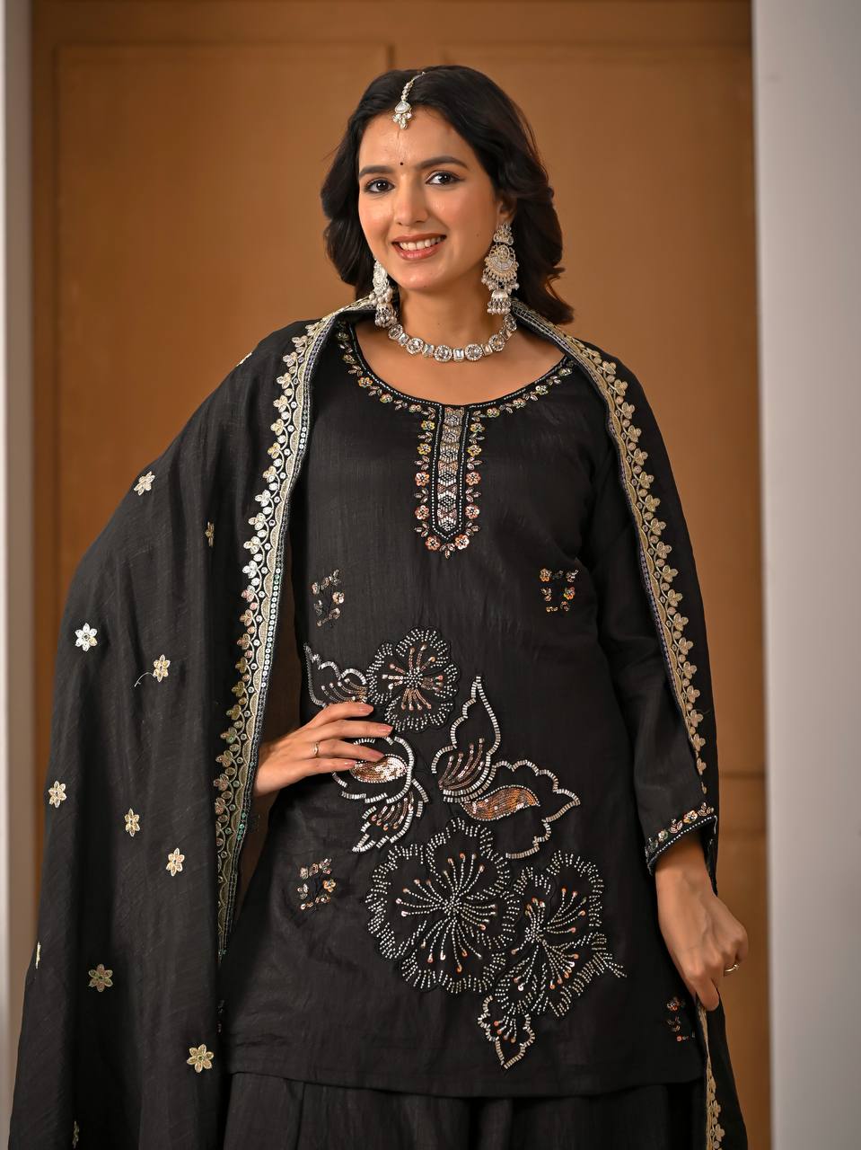 "Vaanya Meher Heavy Vichitra Silk Handwork Sharara Suit Set with Sequins Embroidered Dupatta