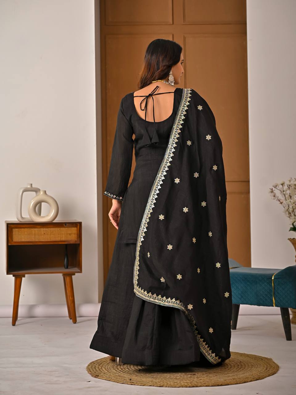 "Vaanya Meher Heavy Vichitra Silk Handwork Sharara Suit Set with Sequins Embroidered Dupatta
