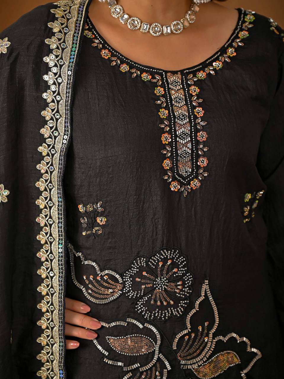 "Vaanya Meher Heavy Vichitra Silk Handwork Sharara Suit Set with Sequins Embroidered Dupatta