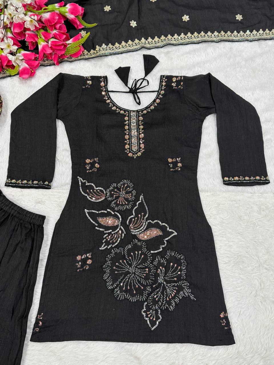 "Vaanya Meher Heavy Vichitra Silk Handwork Sharara Suit Set with Sequins Embroidered Dupatta