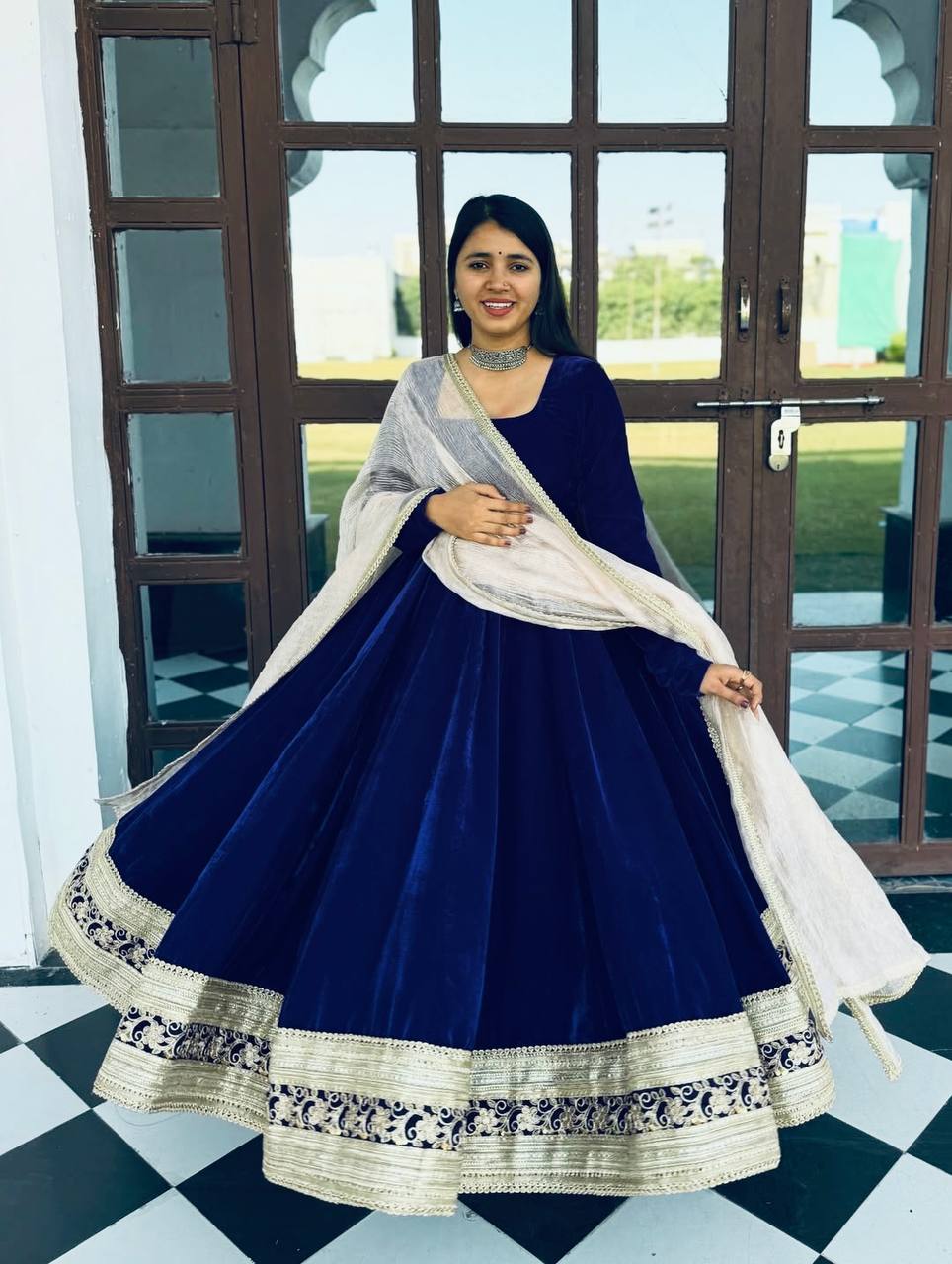 Zareesha Blue Heavy Viscose Velvet Embroidered Anarkali Suit Set with Sequin Work & Sanderi Silk Dupatta