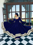 Zareesha Blue Heavy Viscose Velvet Embroidered Anarkali Suit Set with Sequin Work & Sanderi Silk Dupatta