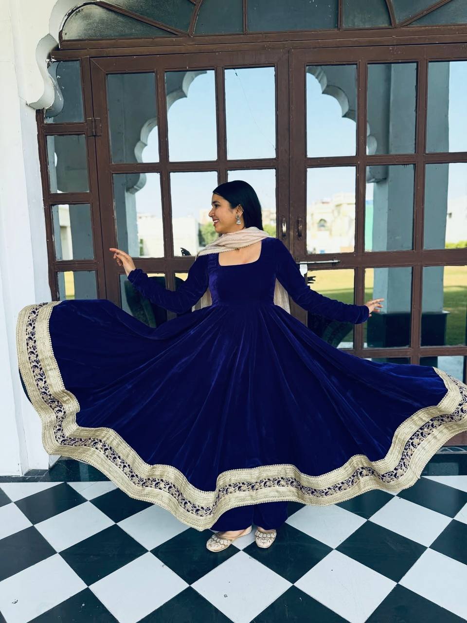 Zareesha Blue Heavy Viscose Velvet Embroidered Anarkali Suit Set with Sequin Work & Sanderi Silk Dupatta