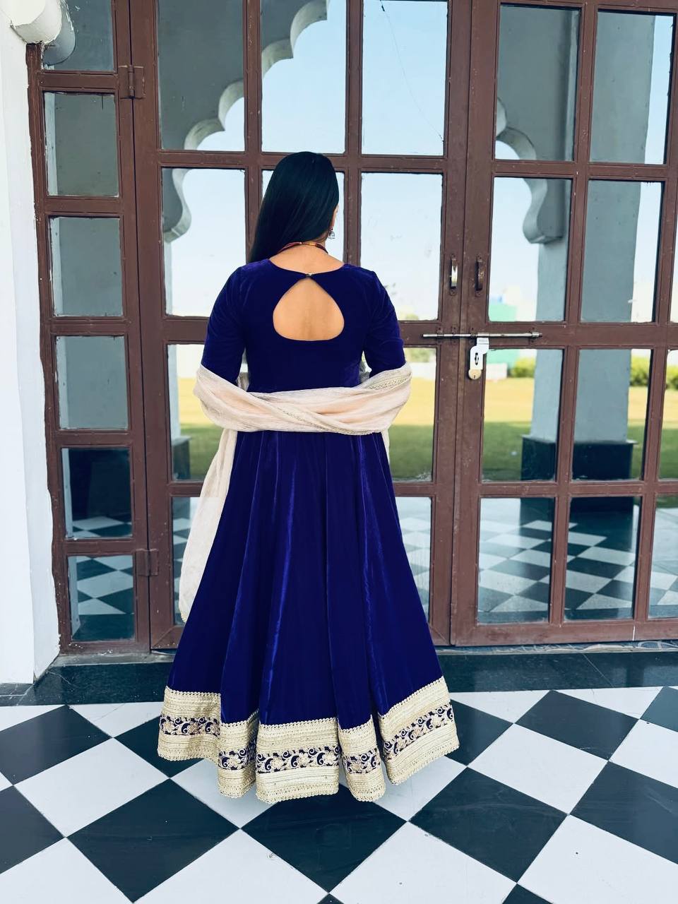 Zareesha Blue Heavy Viscose Velvet Embroidered Anarkali Suit Set with Sequin Work & Sanderi Silk Dupatta