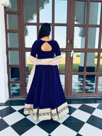 Zareesha Blue Heavy Viscose Velvet Embroidered Anarkali Suit Set with Sequin Work & Sanderi Silk Dupatta