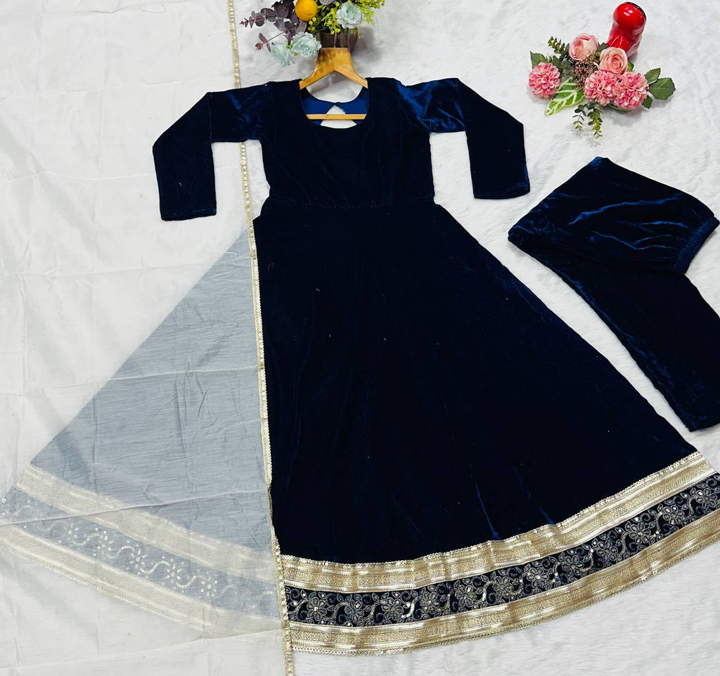 Zareesha Blue Heavy Viscose Velvet Embroidered Anarkali Suit Set with Sequin Work & Sanderi Silk Dupatta