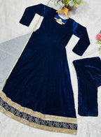 Zareesha Blue Heavy Viscose Velvet Embroidered Anarkali Suit Set with Sequin Work & Sanderi Silk Dupatta