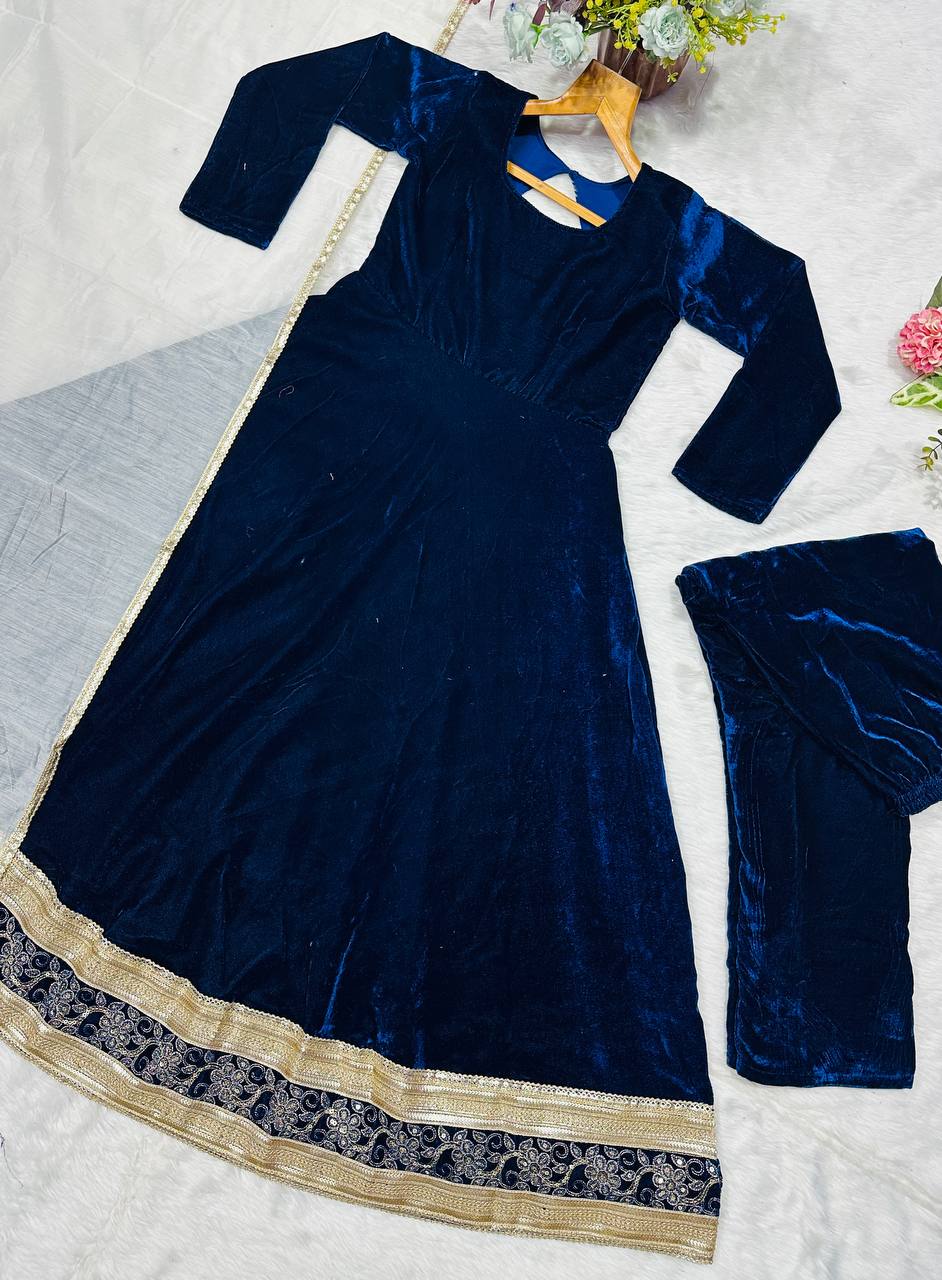 Zareesha Blue Heavy Viscose Velvet Embroidered Anarkali Suit Set with Sequin Work & Sanderi Silk Dupatta