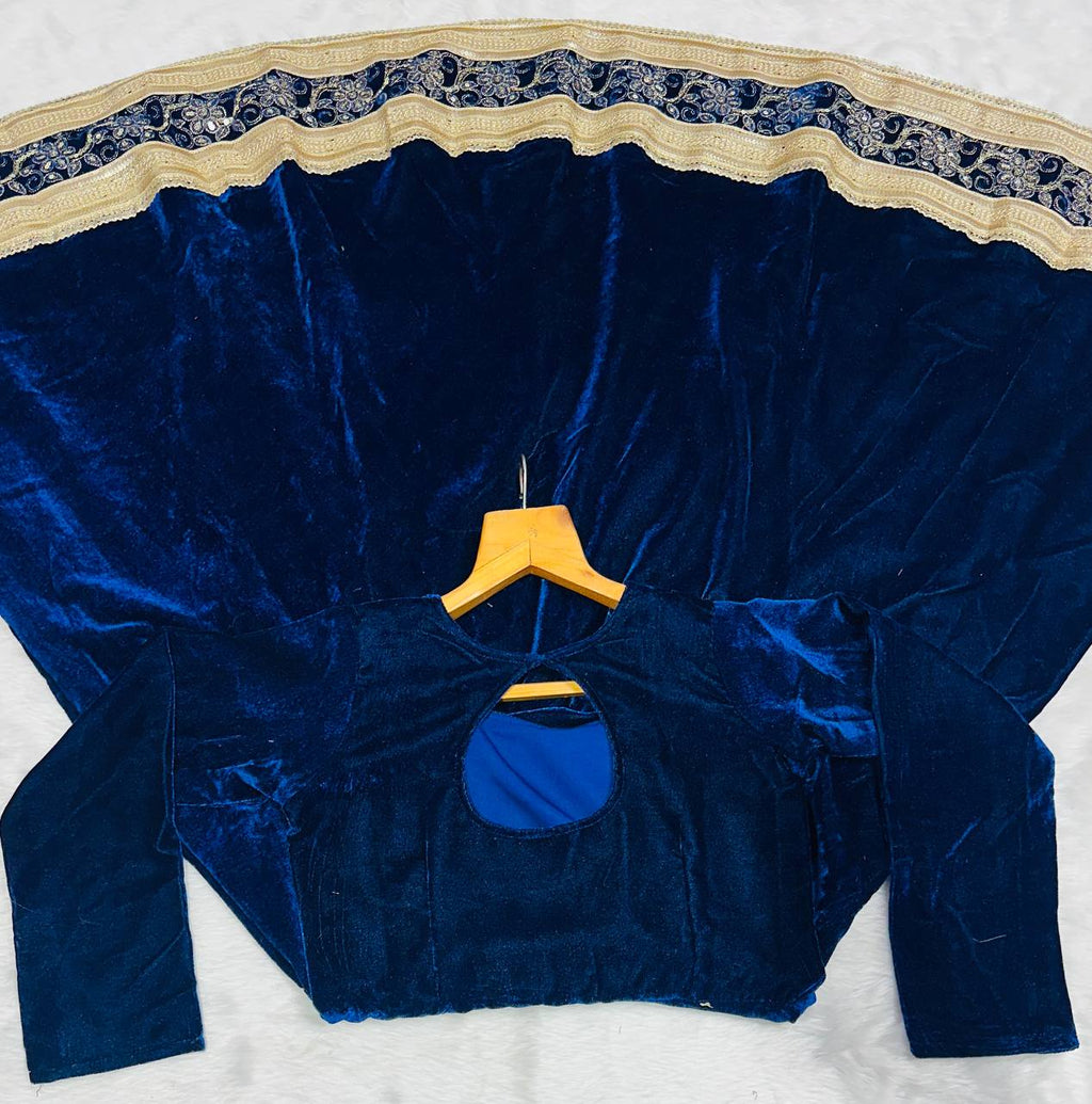 Zareesha Blue Heavy Viscose Velvet Embroidered Anarkali Suit Set with Sequin Work & Sanderi Silk Dupatta