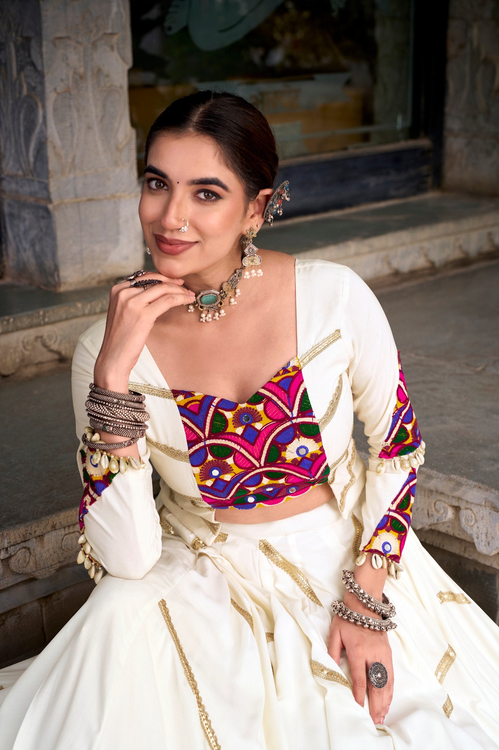 Mrinalini Pure Rayon Mirror Gamthi Work Navratri Lehenga Choli Set