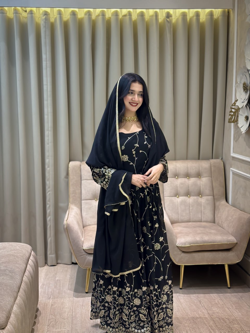 Inara Faux Georgette Embroidered Anarkali Gown Set with Micro Pants and Lace Dupatta