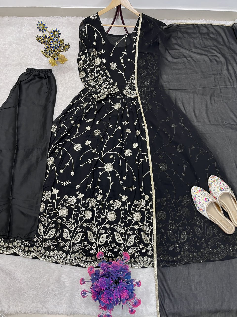 Inara Faux Georgette Embroidered Anarkali Gown Set with Micro Pants and Lace Dupatta